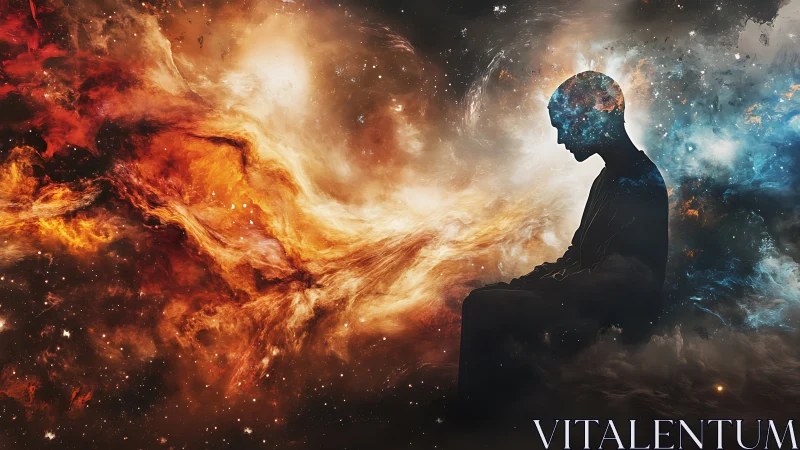 Cosmic silhouette in contemplative nebula of fire and ice.