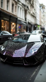 Glitter vinyl supercar parked on narrow European street.