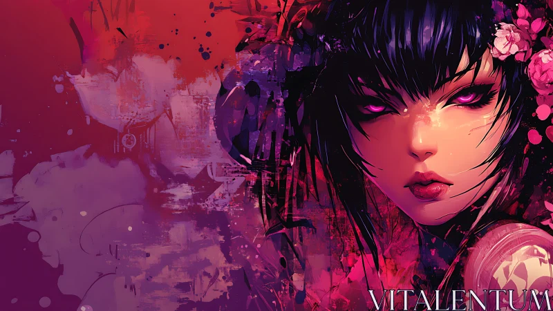 Digital portrait of woman with floral elements on red ground.