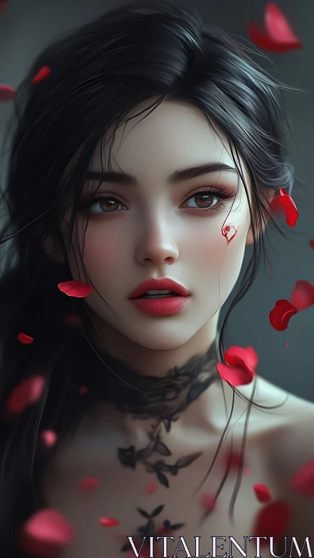 Digital portrait shows young woman amid falling red petals