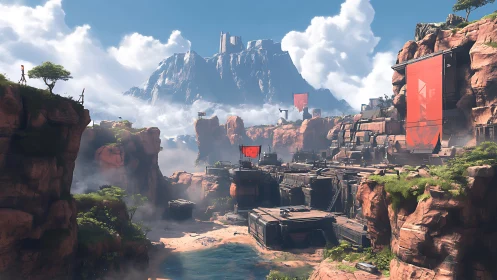 Sunlit desert stronghold beneath a distant mountain citadel.