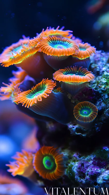 Close-up view of fluorescent coral polyps in aquarium reef.
