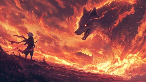 Silhouetted warrior confronts colossal dragon amid inferno landscape.