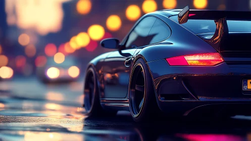 High-gloss sports coupe rendered on wet neon city street