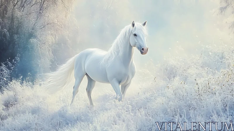 Winterborn white stallion drifting through frosted hush.
