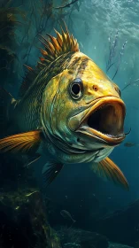 Hyperrealistic golden reef predator in dynamic kelp forest