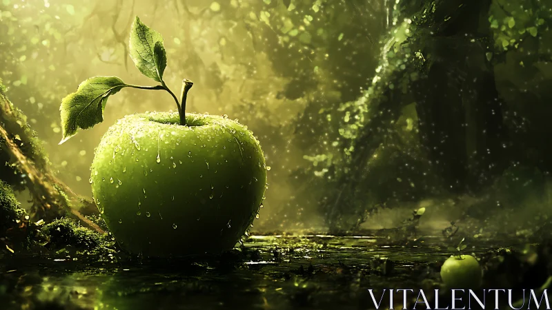 Luminous green apple resting in an enchanted forest pool.