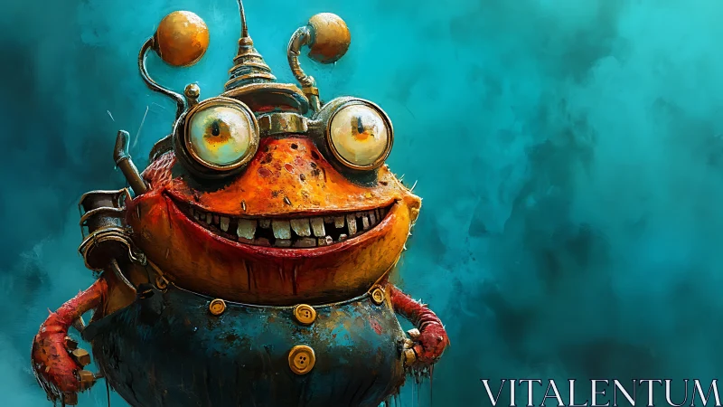 Grinning steampunk alien robot against teal painted backdrop.