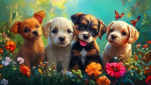 Digital painting of four puppies in colorful flower garden.