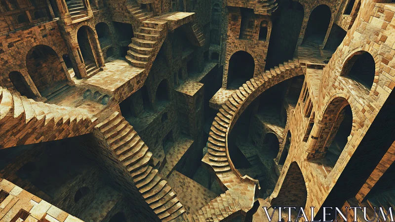 Intricate stone stairways in complex architectural labyrinth.