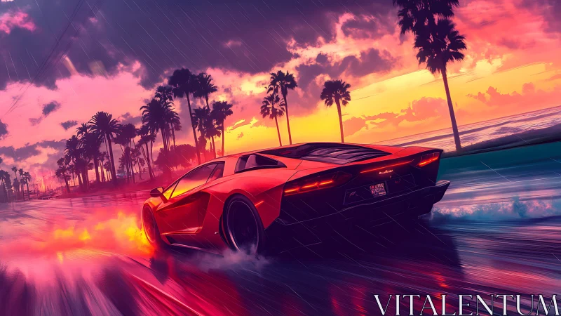 Red sports car powers through wet coastal highway at sunset