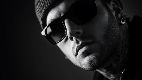 Monochrome close-up portrait isolates urban streetwear attitude