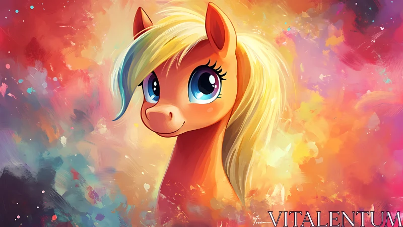 Cartoon pony portrait on multicolored abstract background.