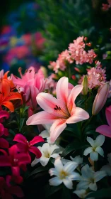 Pink lilies and coral flowers with selective focus in garden composition.
