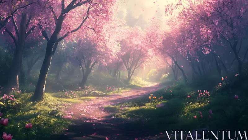 A Peaceful Stroll Through Blooming Cherry Trees.
