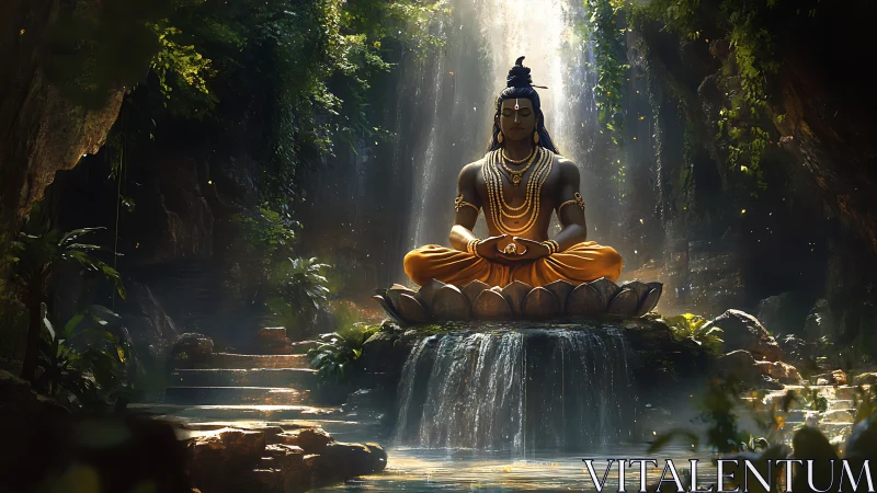 Serene lotus meditation statue resting in a forest sanctuary.