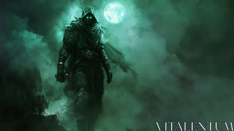 Midnight wanderer steps softly through misty moonlit fog.