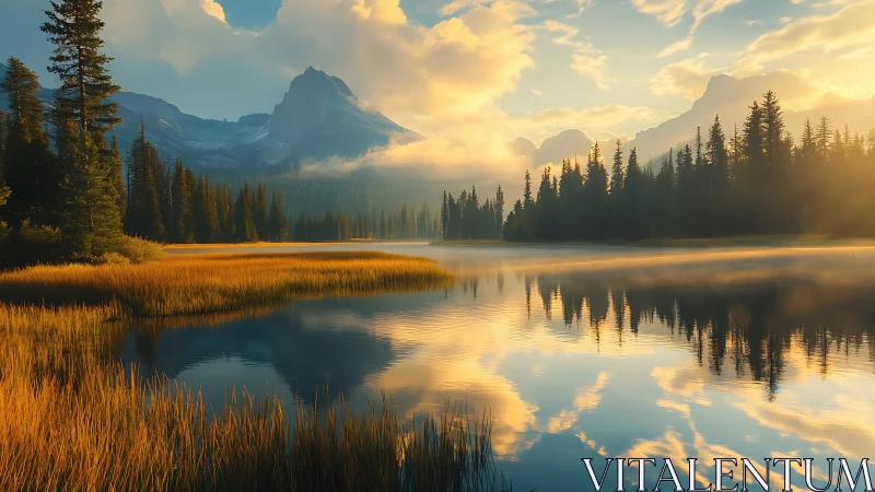 Golden mountain lake glows softly in calm sunrise light