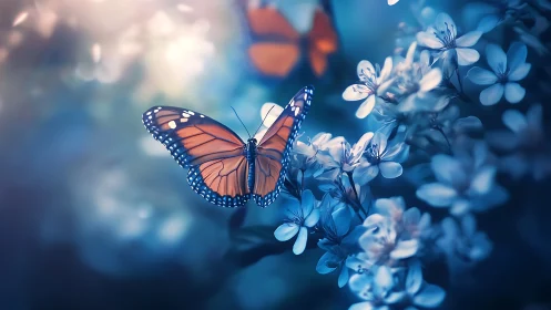 Monarch butterfly in cool blue bokeh floral environment.