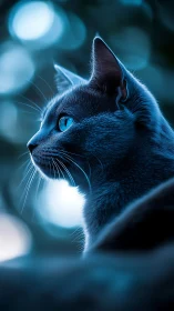 Neon Blue Cat Portrait with Luminous Eyes.