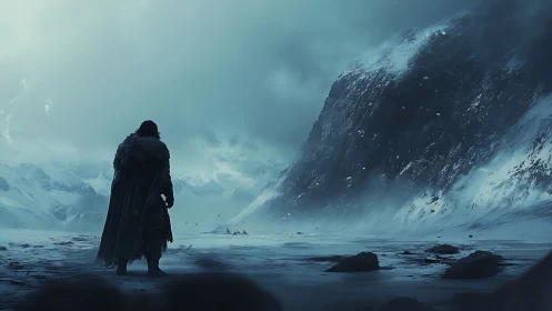 Solitary cloaked wanderer crossing glacial storm basin panorama.