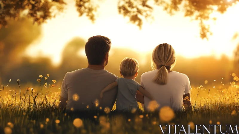 Family silhouette glows under golden summer sunset light.