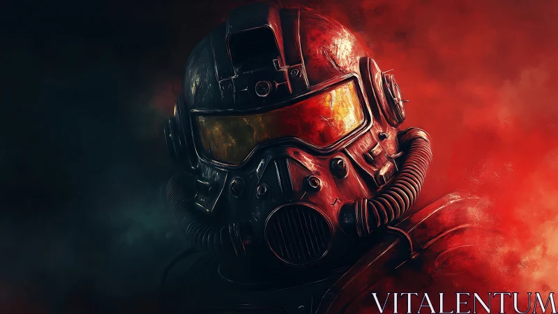 Armored sci fi soldier helmet under red toxic haze