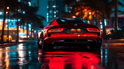 Red sports coupe on wet city street at night in rain.