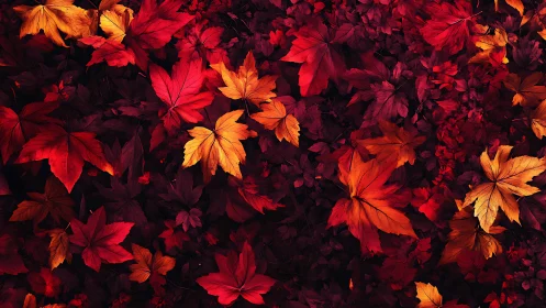 Autumn foliage pattern with red and orange maple leaves.