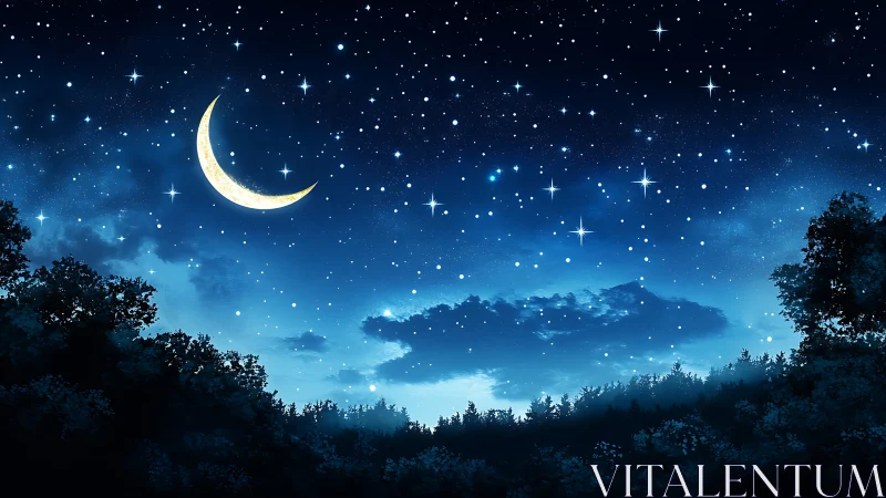 Crescent moon hangs above dense forest under starry night sky