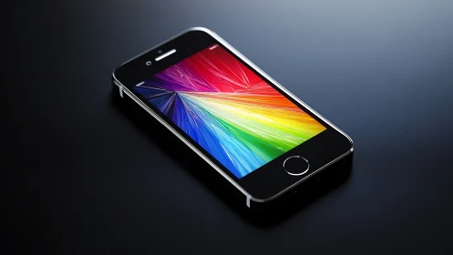 Smartphone with spectrum gradient display on dark surface.