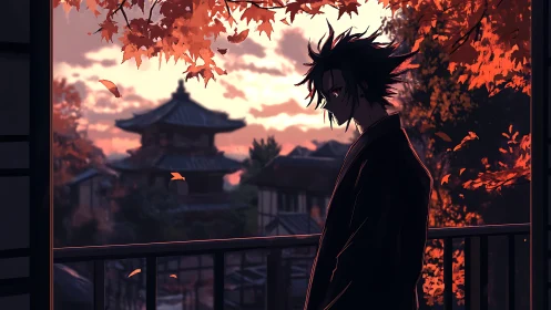 Melancholic anime figure on balcony at autumn sunset.