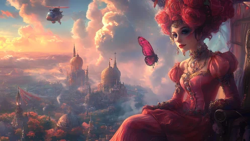 Baroque sky empress overlooking fantasy steampunk city.