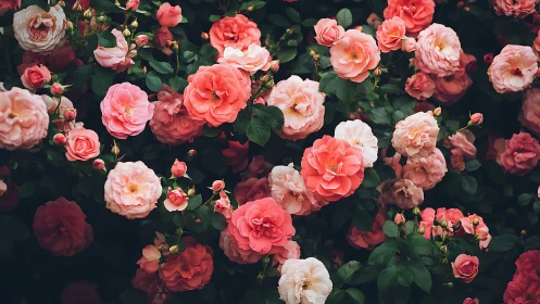 Lush Rose Garden in Full Bloom with Coral and Pink Florals
