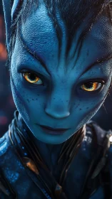 Close-up portrait of blue extraterrestrial humanoid figure.