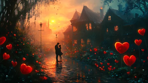 Luminescent Heart Garden: Gothic Romance Under Amber Sky.