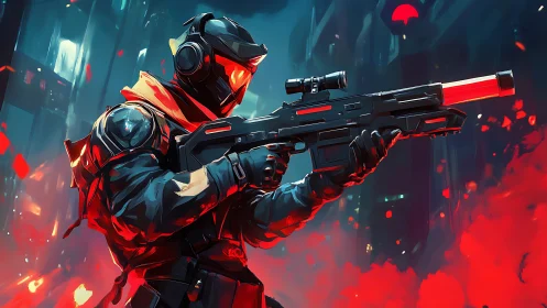 Cybernetic marksman in neon-lit battlefield with plasma rifle.