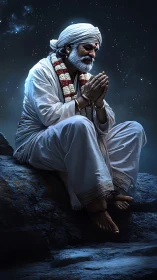 Elderly man in white garments seated on rocky surface at night.