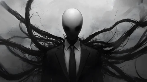 Faceless suited figure with dark tentacles in foggy space.