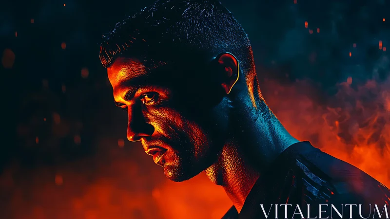 Moody portrait of focused athlete in fiery neon glow.