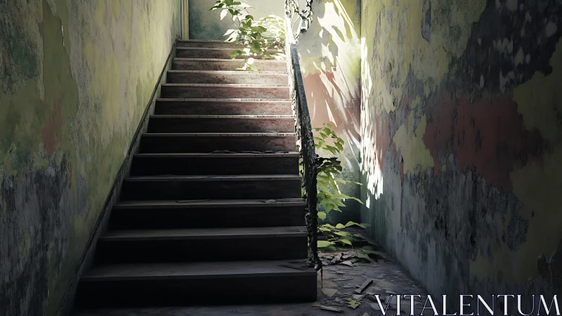 Sunlit abandoned staircase where creeping plants reclaim space.