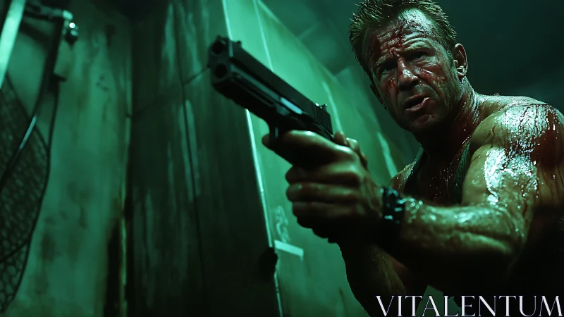 Bloodied action hero aiming handgun in green-lit corridor.