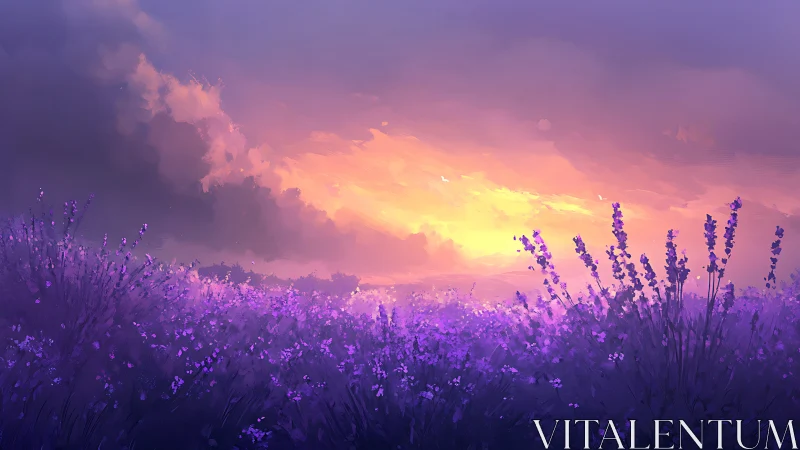 Lavender sunset glow over a peaceful, dreamlike meadow.