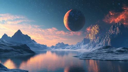 Frozen alien lake under large glowing planet at dusk.