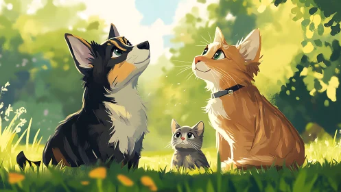 Three Cats Seated in Natural Outdoor Setting.