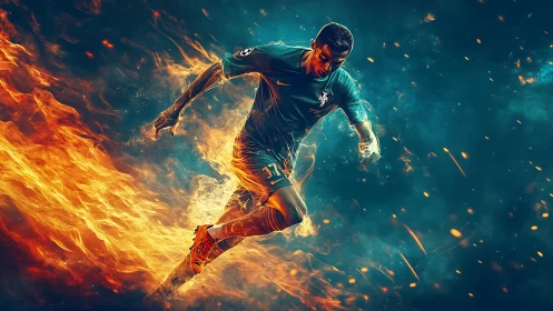 Fiery soccer sprint through swirling flames and cool smoke.