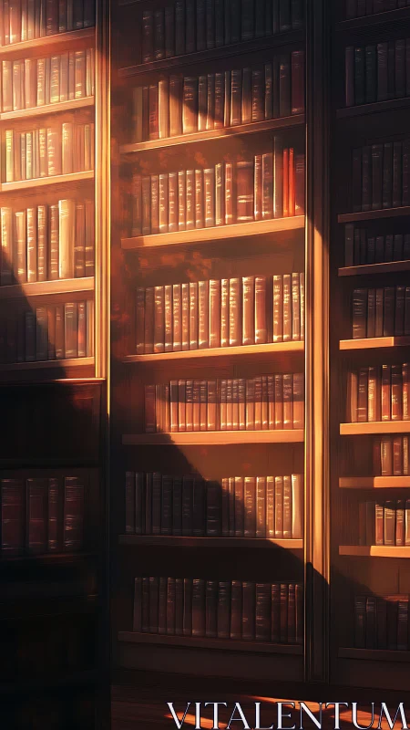 Sunlit library shelves with leather-bound volumes in glow.