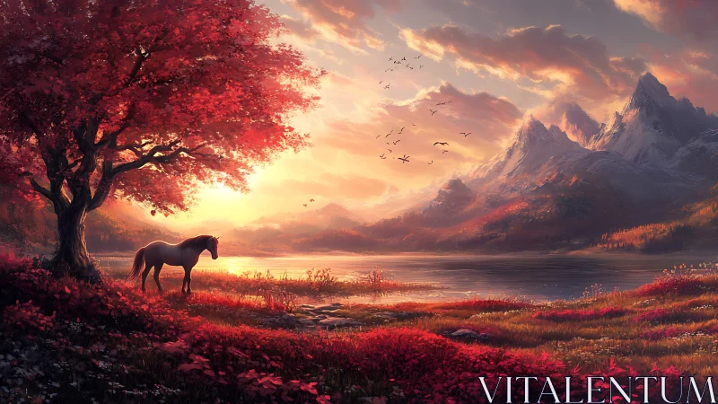 Autumn lake valley sunset with lone horse under crimson tree