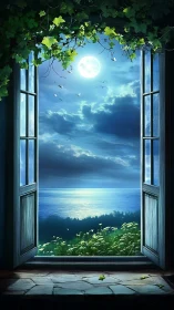 Moonlit seascape framed by open window and dense ivy canopy