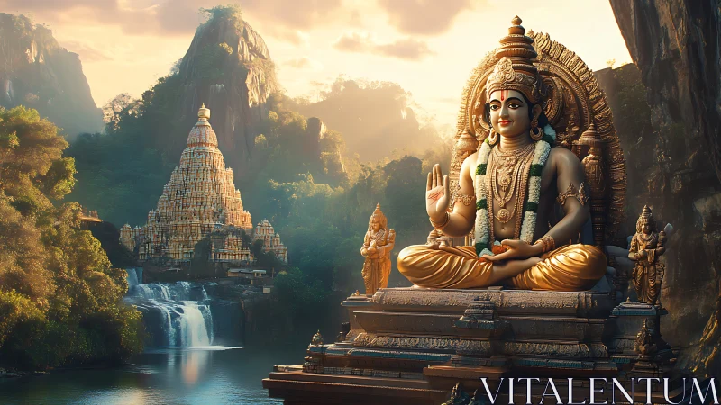 Large seated deity statue is positioned before stepped temple complex